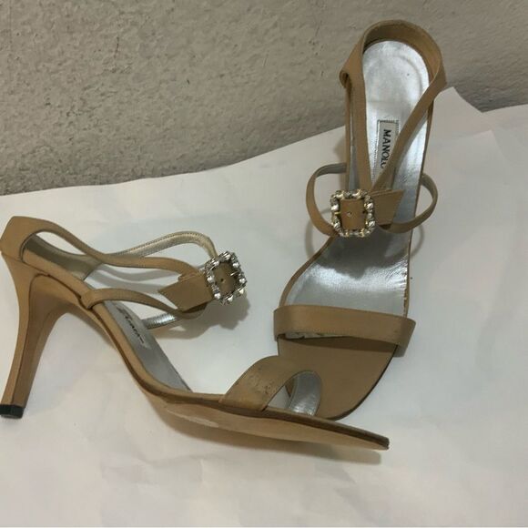 Manolo Blahnik Stiletto Heels beige sandals heels jeweled accent size 38 - Picture 5 of 12